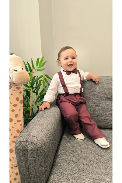 HAYTA طقم سالوبيت للأطفال مع قميص وربطة عنق باللون العنابي