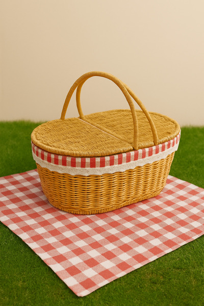 Kosova Beyaz Rattan Hasır - Oval Piknik Sepeti 39cm