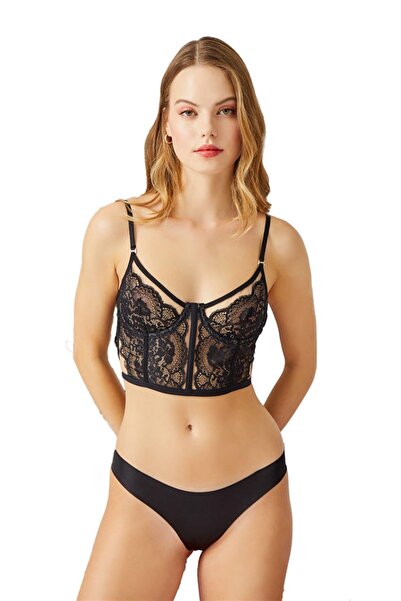 Cottonhill Siyah Ayarlanabilir Lastikli Balenli Transparan Dantelli Bralet