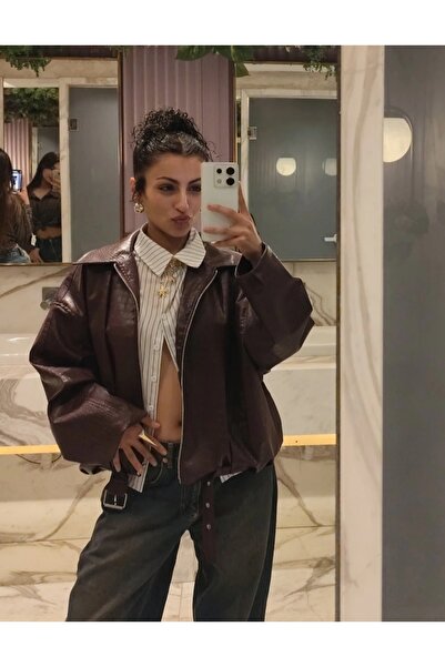 MARCELY سترة سبرينج كروكودايل بومبر قصة فضفاضة - جلد أحمر كلاريت - سترة بلون ...