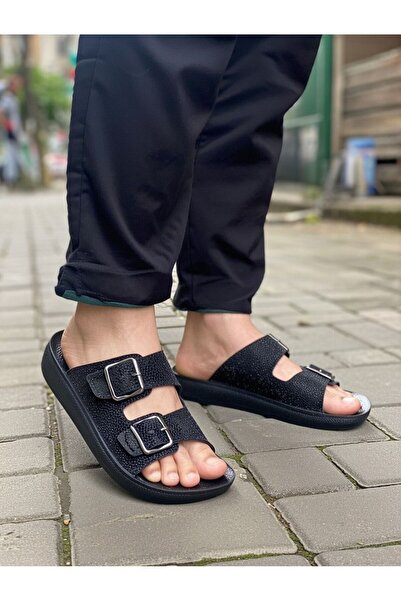 Budaks Papuci de damă negri cu sclipici, cu cataramă dublă și talpă groasă