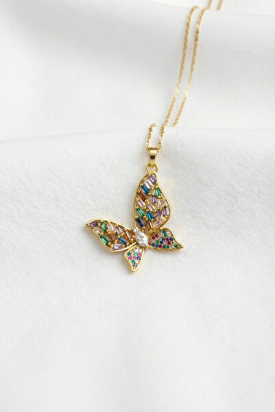 Colorful Butterfly Model Stainless Steel Gold Color Women's Necklace with Zircon Stone