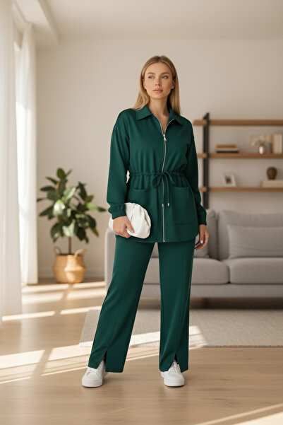 Bibedenstil Kadın iki iplik fermuarlı ipli spor şık ikili takım yüksek bel ra...