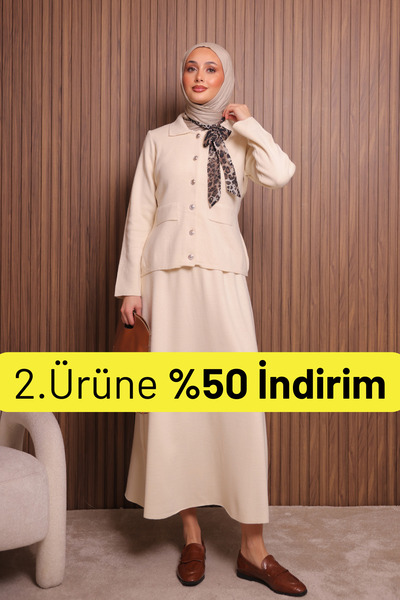 Balenbi Women's Tight Knit Polo Neck Cardigan with Skirt Hijab Knitwear Set 1151