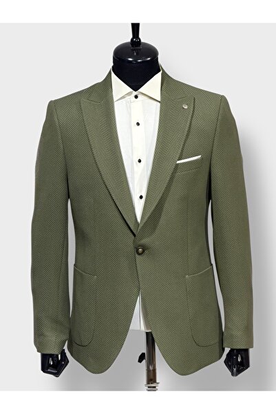 KAMER Men's 6 Drop Single Button Pointed Collar Fishbone Green Jacket 1657Y