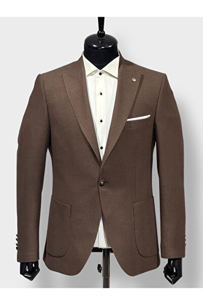 KAMER Men's 6 Drop Single Button Pointed Collar Herringbone Brown Jacket 1657K