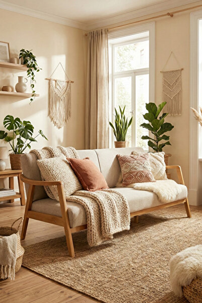 Zem Favela Bohem Üçlü Berjer Natürel Ahşap, Sütlü Kahve