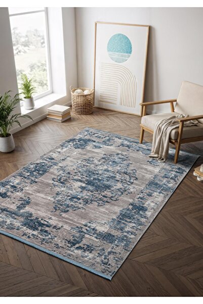 Cotto Home Step SE002M Mavı Kalsik Halı Dekoratif Çerçeveli Pamuk Taban Triko...