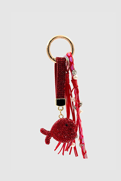 Wuclo Kristal Taşlı Balık ve Püskül Çanta Charmı Kırmızı