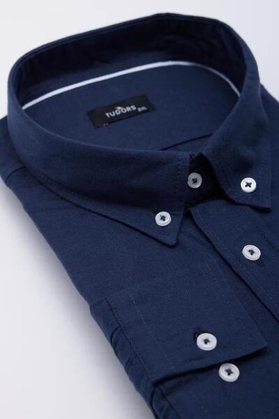 Tudors Cămașă de vară, uni, albastru bleumarin, cu mânecă lungă, cu guler cu ...