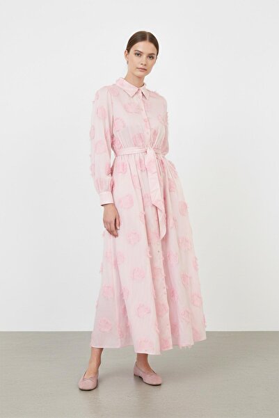 Loreen Women's 3D Floral Patterned Belted Maxi Dress -20695Elb - Pink