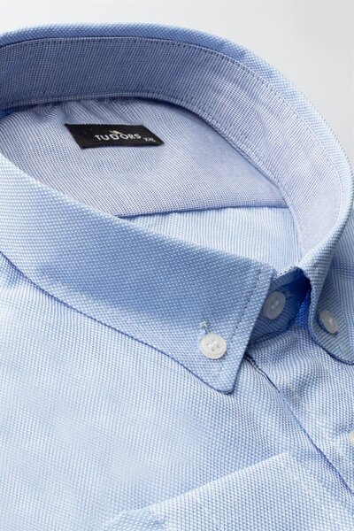 Tudors Cămașă Dobby Oxford Blue pentru bărbați, cu mânecă lungă și guler cu n...