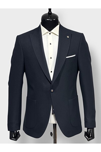 KAMER Men's 6 Drop Single Button Pointed Collar Fishbone Navy Blue Jacket 1657L