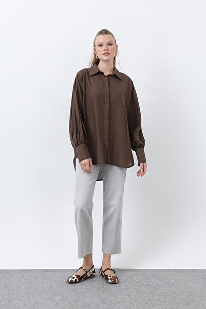 Loreen Women's Flounced Oversized Cotton Poplin Shirt-20665Gml - Brown