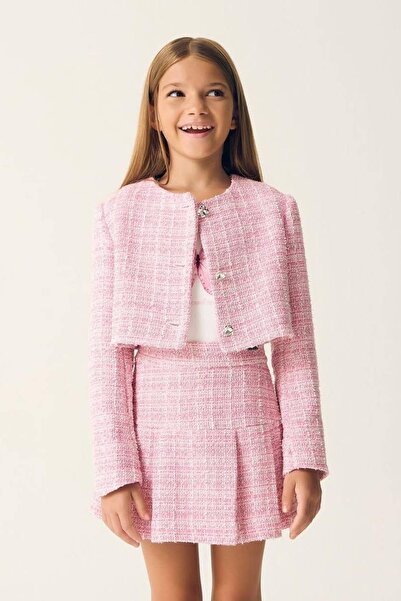 Monila Jachetă și fustă din țesătură tweed roz pentru fete, set de tricou piese