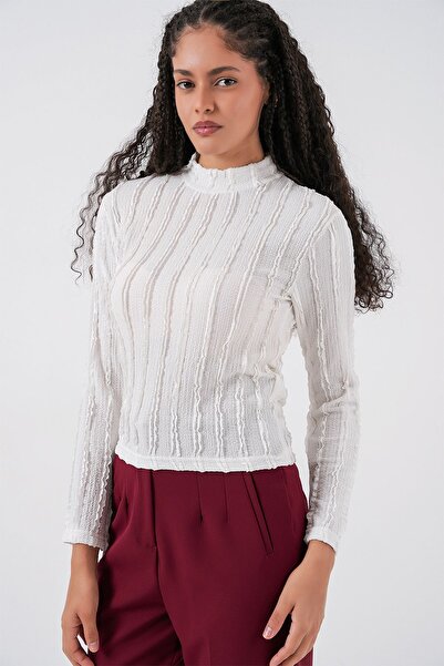 Hiccup Bdart Textured Slim Fit Mock Neck Blouse