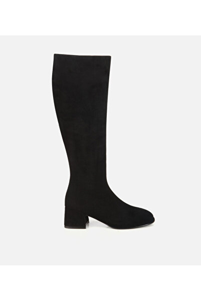 Hotiç Kadın Süet Deri Siyah Lastik Detaylı Düz Çizme