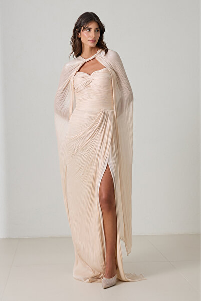 Setre Vizon Pelerin Ve Drape Detaylı Geniş Kalıp Abiye Elbise