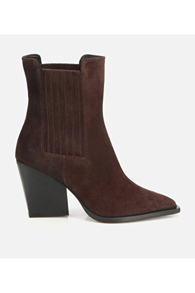 Hotiç Kadın Süet Deri Kahverengi Sivri Burunlu Lastik Detaylı Topuklu Bot