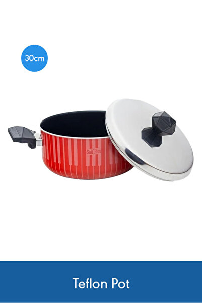 Saif Plus Teflon Pot 30 cm with Stainless Steel Lid – Red Non-Stick Design fo...