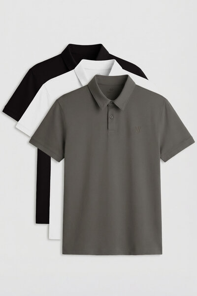 TOMMY LIFE Tricou pentru bărbați Standard Fit Basic Polo Gât 3 pachet Negru-A...