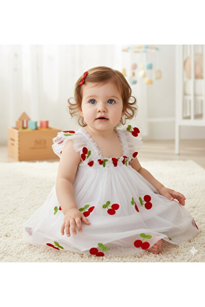 ALLYA MİNİ DRESS Kiraz Desenli ve Fırfır Kollu Tül Bebek Elbise