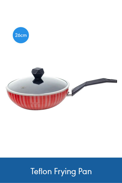 Saif Plus مقلاة تيفلون 26 سم مع غطاء زجاجي - سطح أحمر غير لاصق مع مقبض أسود ل...