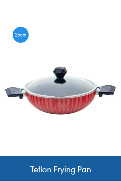 Saif Plus مقلاة تيفلون 26 سم مع غطاء زجاجي - سطح أحمر غير لاصق ومقبض أسود للا...