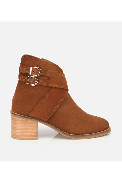 Hotiç Kadın Süet Deri Taba Gold Detaylı Tokalı Topuklu Bot