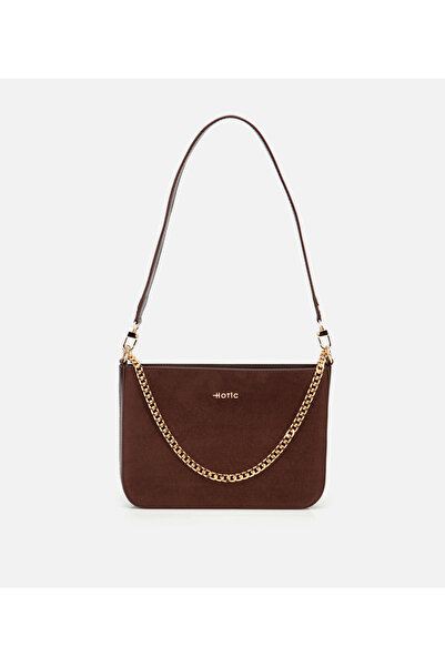 Hotiç Kadın Süet Kahverengi Gold Zincir Detaylı Omuz Çantası