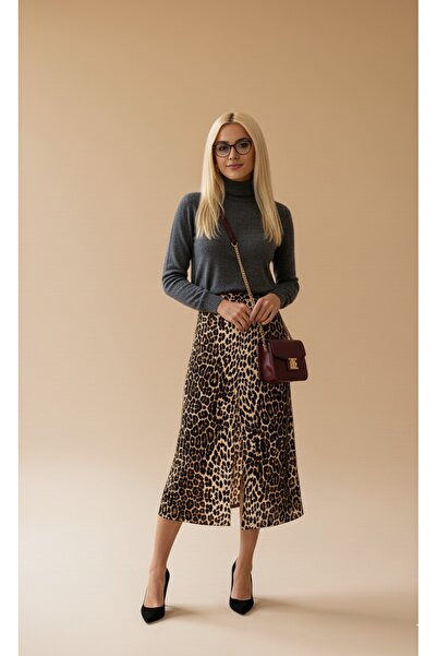 HerTon Fusta din denim cu imprimeu leopard, lungime midi, cu șliț - 100% bumbac