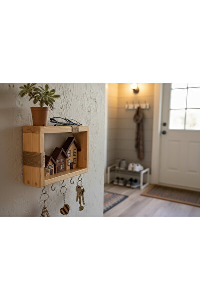 Oduni Atölye Masif Ahşap Duvar Rafı ve Anahtarlık