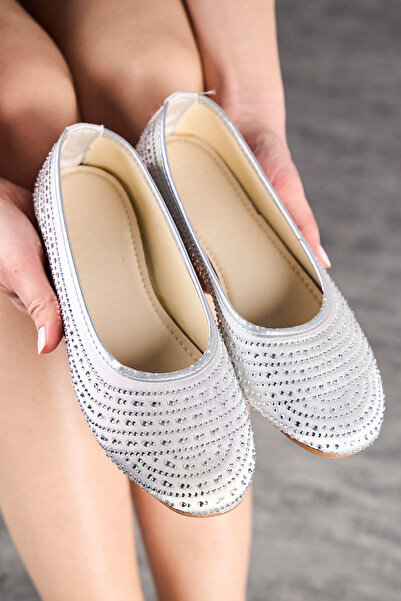Nstil Daily Silver Women's Ballerinas Oval Toe Silver Stone Satin Orthopedic ...