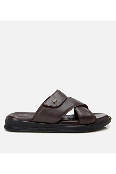 Hotiç Ανδρικές δερμάτινες καφέ ρυθμιζόμενες παντόφλες