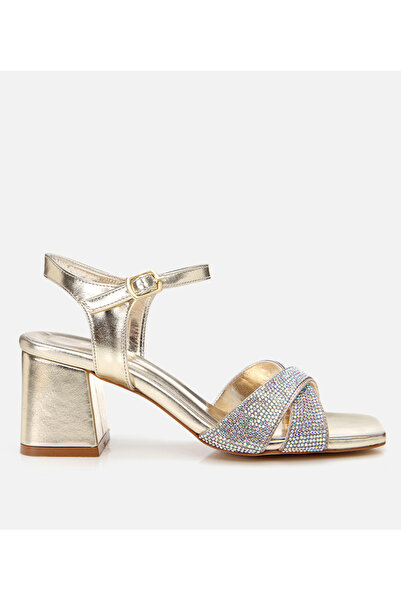 Hotiç Women's Gold Stone Evening Dress Thick Heeled Sandals