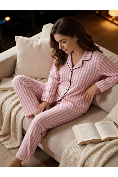 NOCHES PYJAMAS Women's Pink and Gray Striped Shirt Collar Buttoned through Co...
