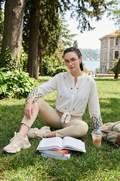 Lela Cămașă din bumbac brodat cu talie cu guler judecător 6110097