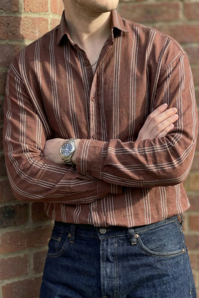 MENOFOURSWEAR Men's Oversize Stripe Detailed Modal Fabric Shirt