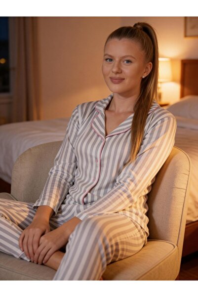 NOCHES PYJAMAS Women's Pink and Gray Striped Shirt Collar Buttoned through Co...