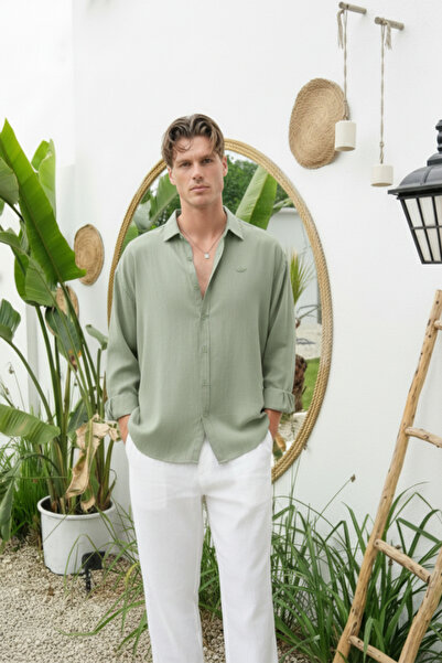 MENOFOURSWEAR Haki Premium Kalite Modal Kumaş Bol Kalıp Oversize Gömlek