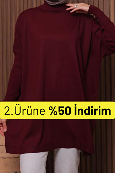 Balenbi Kadın Dik Yaka Basic 80cm Salaş Oversize Triko Tunik 1145