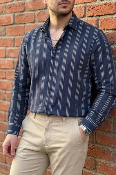 MENOFOURSWEAR Men's Oversize Stripe Detailed Modal Fabric Shirt