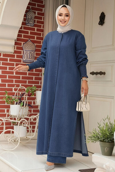 N.S NEVA STYLE Μπλε ναυτικό τζιν τετράγωνο κοστούμι δύο τεμαχίων με κρυφά κου...