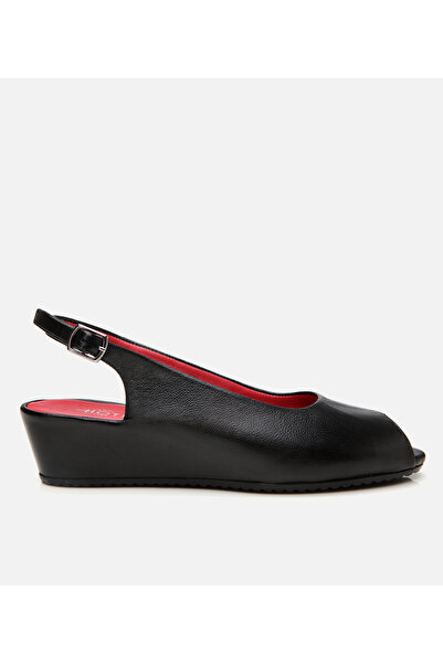 Hotiç Women's Leather Black Flexible Wedge Heeled Sandals