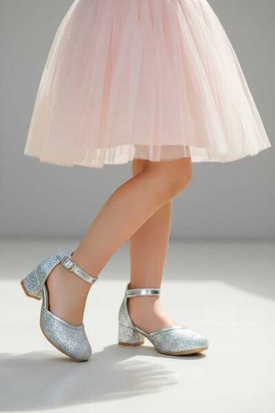 PATİK BEBE Girl's Silver Evening Dress Broken Glass Square Heeled Shoes