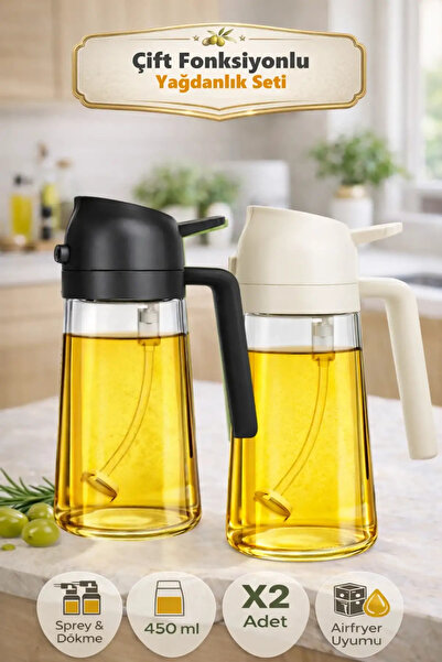 Berdina Home 2'li Çift Fonksiyonlu Cam Yağdanlık 450ml Zeytinyağı Sıvıyağ Şiş...