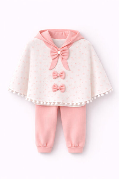 mini kanka Pompom Detailed Heart Patterned Baby Poncho Set Long Sleeve Badi 0...