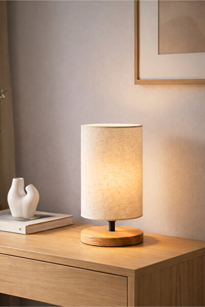 HOMİNG Kumaş Silindirik Tasarım Ahşap Ayaklı Abajur Ayd-2785