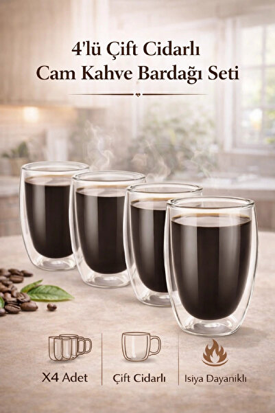 Berdina Home 4lü Çift Cidarlı Cam Bardak 300 ml Pipetli Çay Kahve Sunum Barda...