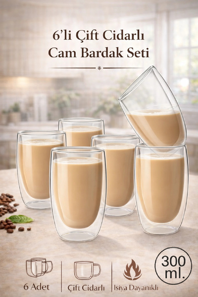 Berdina Home 6'lı Çift Cidarlı Cam Kahve Bardağı Seti 300 ml Isıya Dayanıklı ...